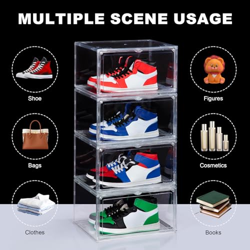 Image of NYZE 12 Pack Acrylic Shoe Boxes Side Open, Clear Shoe Box Plastic Stackable, Shoe Storage Organizer with Magnetic Door, Shoe Display Shoe Containers with Lids Fits Up to Size 15