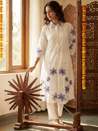 Image of INDO ERA Women's Pure Cotton Embroidered A-Line Kurta & Pant Set (IERAI11820)