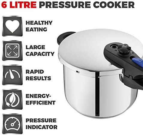 Tower T920004S6L Express Pressure Cooker with Bakelite Lid Lock System, Visual Pressure Indicator, 6 Litre, Stainless Steel