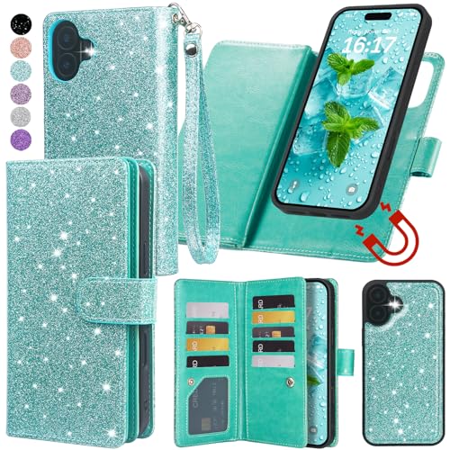 Varikke for iPhone 16 Wallet Case Detachable with RFID Blocking Card Holder for Women, Glitter PU Leather Wrist Strap Strong Magnetic Flip Wallet Removable Phone Case for iPhone 16 6.1", Mint Green by Varikke - Used condition - US$13.07
