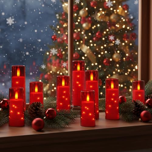 Image of Raycare Flameless Candle with Remote Timer - 5 Flickering Acrylic Battery Operated LED Pillar Candles with Embedded Star String for Halloween, Home Decor, and as a Gift(Red)