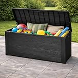 Jack Stonehouse 300 Litre Outdoor Plastic Storage Box with Lid | Garden Patio Utility Cushion Chest | Wooden Effect Toy Tool Store | Black
