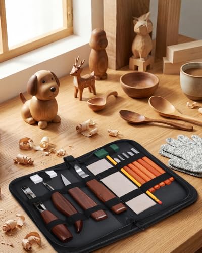 Schnitzwerkzeug Holz Schnitzset für Anfänger - 23-teiliges Schnitzmesser Set mit 4 großen Holzschnitzmessern, 5 Detailmessern, Anleitung, Handschuhen und Lindenholz - Erwachsene Geschenk