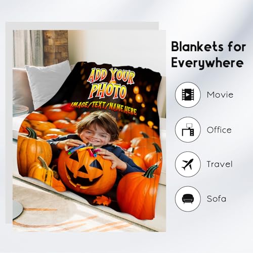 Personalized Blankets for Kids, Custom Blanket Gifts with Picture, Customized Photo Gifts, Warm Flannel Throw for Halloween Party Decoration (4 Sizes Choose)
