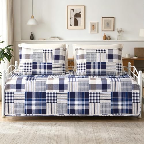 Image of Jarson 3 Pcs Plaid Daybed Cover Set Twin Size Navy White Brown Sofa Cover Double Side Bed Set Classic Patchwork Bedding Sets Daybed Quilt Set with Pillow Shams