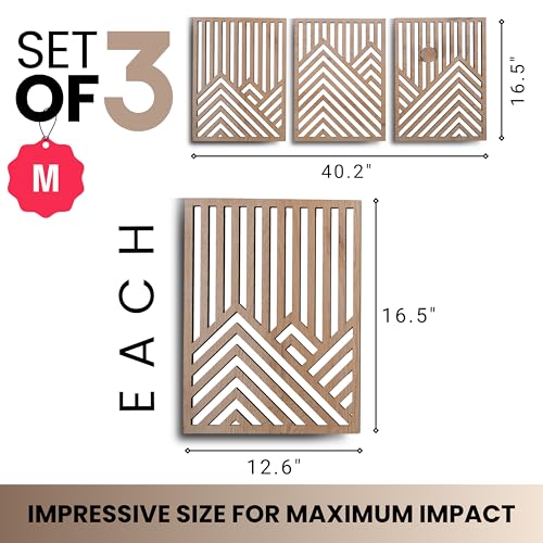 qmmp Modern Wooden Wall Sculptures - Set of 3 - Home Decor Accent - Large Wall Art for Living Room, Bedroom, Office - Easy Installation (Oak, Medium - Mountain and Sun) - Image 3