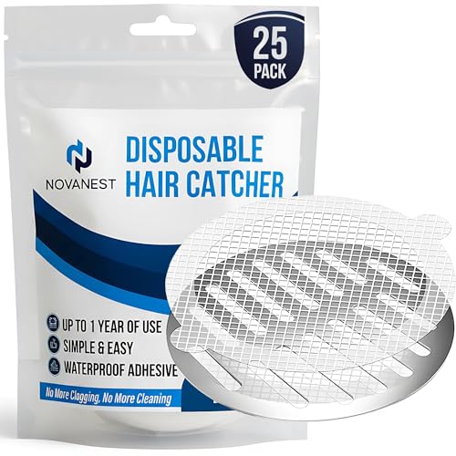 NOVANEST Pack 25 Filtros Atrapa Pelos Ducha Desechables | Rejilla Desague Ducha Autoadhesiva | Filtro Desague Ducha Antiatascos | Rejilla Ducha Antipelos Fácil de Colocar y Retirar