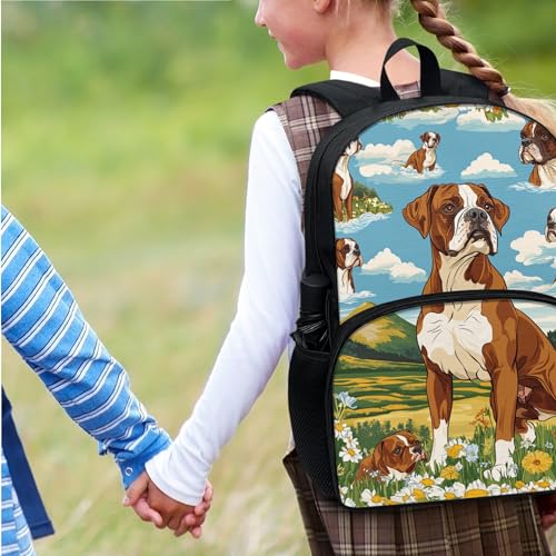 Kids Dog Boxer Print Backpack with Lunch Box with Front Pocket Comfy Padded Back Lightweight Student 17 Inch School Backpack and Lunch Bag Set for Girls Boys Animal Bookbag Ages 6-124