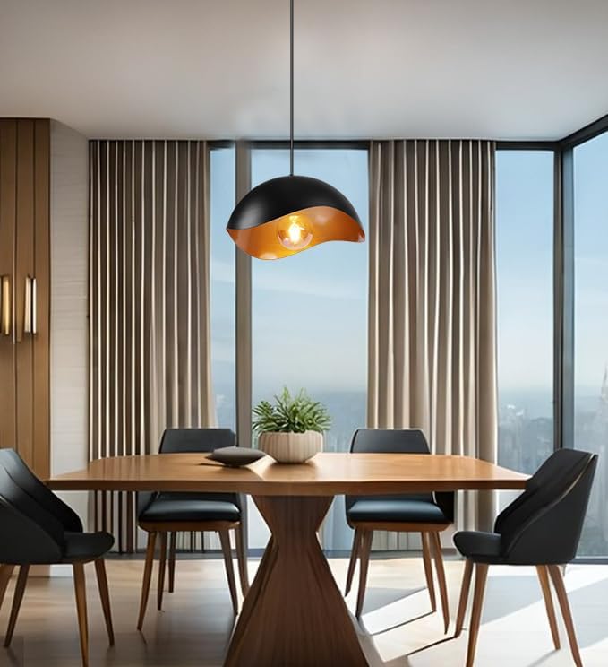 Black 11 Modern Wave Pendant Light, 11 Black and Gold Dome Shade, LED Ceiling Light Fixture with Globe Bulb, Contemporary Hanging Light for Kitchen, Dining Room, Bedroom