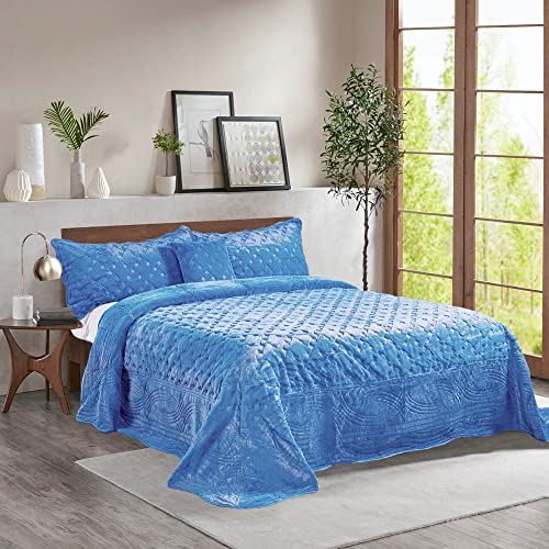 Home Soft Things Oversized King 4 Piece Faux Fur Quilted Tatami Bedspread Bedding Set, Soft Plush Warm Breathable Durable Quilt Coverlet Set With Matching Shams Pillows, 120" X 120", Palace Blue #TOP2