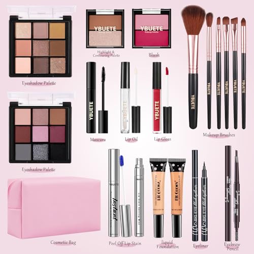 YBUETE Full Makeup Kit for Beginners Girls Women,Travel Cosmetic Set, Makeup Set Present for Her Include Eyeshadow Blush Lip Gloss Peel Off Lip Stain Eyeliner Mascara Eyebrow Pencil Cosmetic Bag