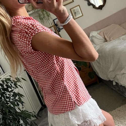 Image of Y2k Girls Vintage Coquette Button Down Shirt Women Short Sleeve V-Neck Slim Fitted T-Shirt Cute Blouse Crop Top