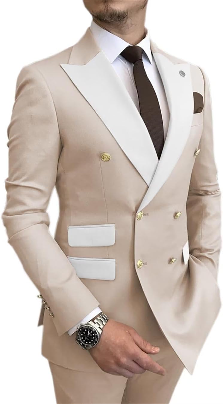Men's Suits Slim Fit, Double Breasted Suit for Men, 2 Piece Suit Tuxedo Solid Jacket Pants Set Wedding Prom Party Beige