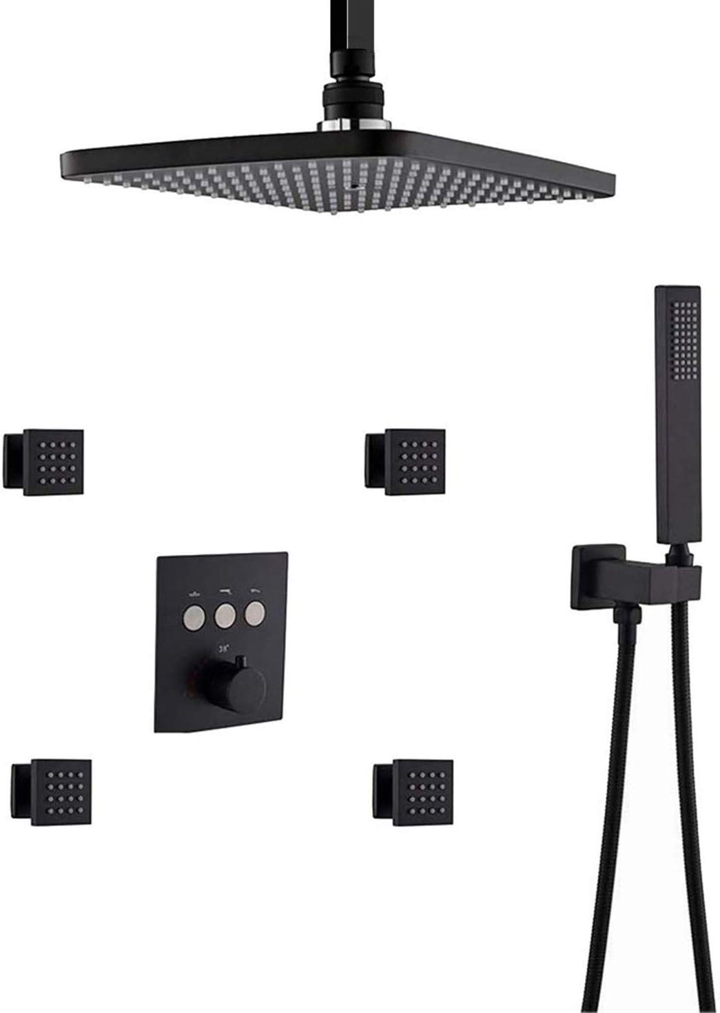 Shower System, Thermostatic Ceiling Brass Shower Faucet System Rectangular 12 x 8 inch with Body Jet Set Shower Head Can Use Together at The Same Time, Matte Black, HUIROBO