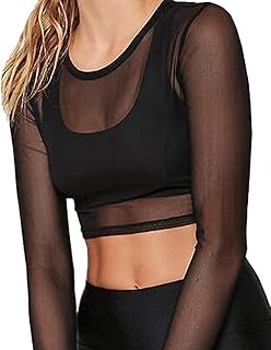 Kyerivs Women's Mesh Tops Long Sleeve See Through Sheer Blouse Black Sexy Clubwear Shirts