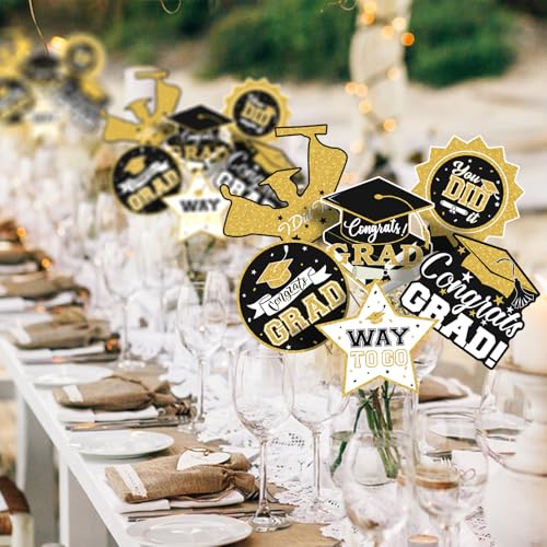 Image of 2026 Graduation Party Decorations - 24 Pcs Class of 2026 Congrats Grad Table Centerpieces Graduation Table Decorations Sticks Table Toppers for Graduation Party (Black Gold)