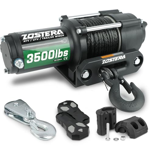 Zostera 3500lbs ATV/UTV Winch with Synthetic Rope, Electric Boat Trailer Winch 12V, Waterproof Winch with 2 Wireless Remotes &3''x20' Recovery Tow Strap