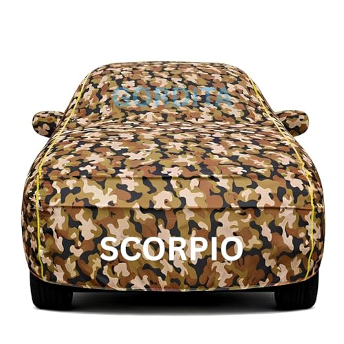 Image of Waterproof Car Body Cover for Scorpio All Weather Protection Comes with Inner Cotton Lining & Triple Stitched with Mirror & Antenna Pocket Belt & Elastic Fit Army with Yellow Piping2