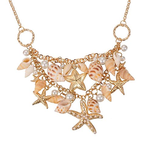 Fashewelry Sea Shell Bib Beach Necklaces Starfish Pearl Statement Chunky Pendant Necklace 19.6"