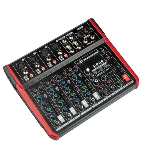 PROEL Proel PLAYMIX8 - Mixer audio a 8 ingressi con modulo bluetooth, lettore MP3 e Registrazione stereo su USB, Nero rifiniture in Rosso