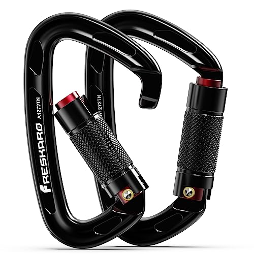FresKaro Moschettone Arrampicata 25kN, Moschettoni Portachiavi Alluminio, Autobloccanti Twist Lock, UIAA e CE Certificato, Professionali Sicura Ganci, Per Roccia, Alpinismo, 2 Pezzi, Grandi, Nero