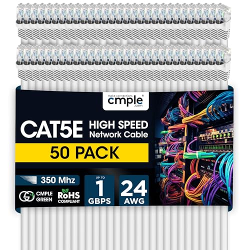 Cmple 50-Pack Cat5e Ethernet Cable 1.5ft, RJ45 Network Patch Cable, White