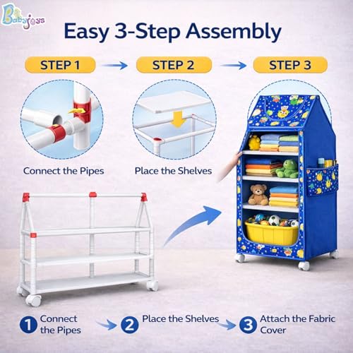 Image of Multipurpose Baby Wardrobe Organizer with 4 Shelves | Baby Clothes Organizer & Storage | Baby Almirah /Almera Plastic Cupboard for Clothes, Foldable (Unbreakable Material) | Royal Blue