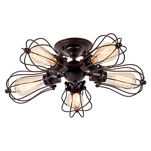 Luling Vintage Deckenleuchte Industrielüster Verstellbare Steckdose Metalldrahtkäfig Halbschlussmontage Rustikale Decke Leichtmetalllampe Lampen (ohne Glühbirne) (mit 5 Licht) (Rost)