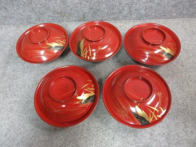 琉球漆器 蓋付 椀 受け皿 盆 伝統工芸品 セット 鶴 ハイビスカス 1客