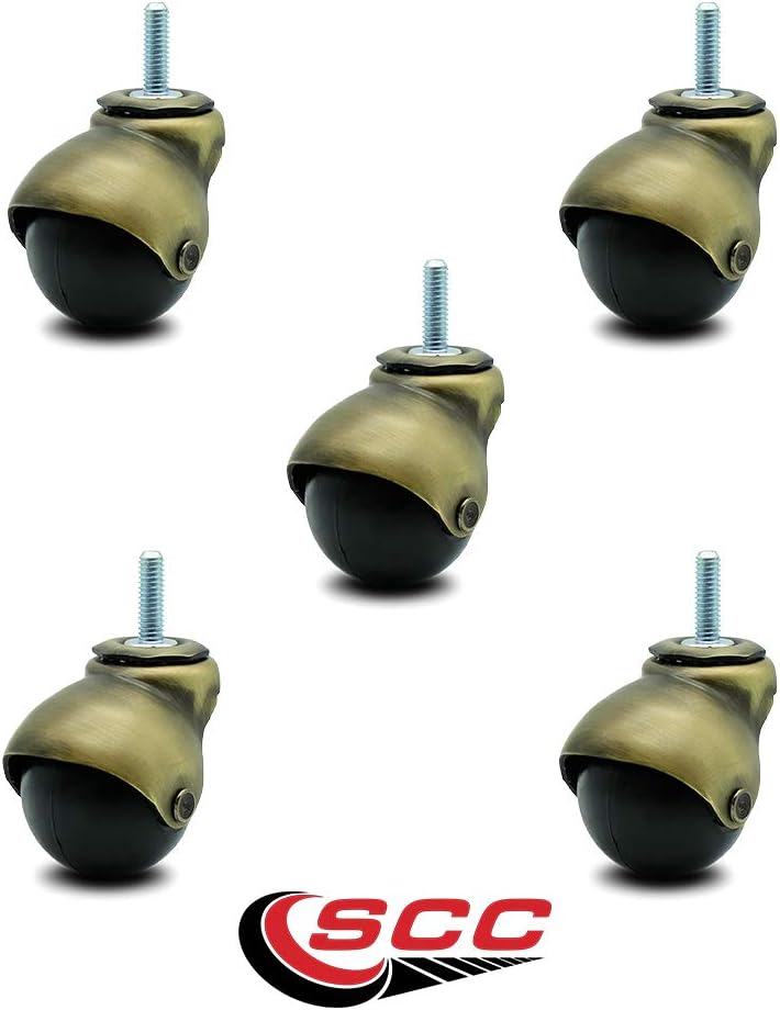 2 Inch Swivel Ball Caster Wheels for Furniture – Windsor Antique Brass Hooded Stem Casters with 5/16 Threaded Stem - 375 lbs. Total Capacity - Set of 5 – Service Caster Brand