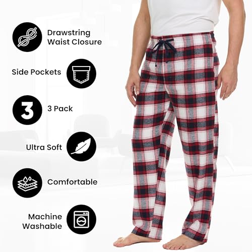 Pajama Pants for Men - 3 Pack Pajama Bottoms - Cotton Blend Flannel Plaid Lounge Pants, Comfortable PJ Pants4