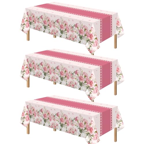 Kelool 3 Pack Pink Tablecloth 54 x 108 Disposable Plastic Floral Tablecloth Carnation Spring Tablecloth for Rectangle Tables Tea & Garden Party Decorations Baby Shower & Butterfly Birthday Party