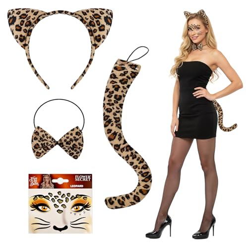 4pcs Leoparden Kostüm Set für Damen und Herren, Leoparden Ohren Haarreif Leopard Schwanz Fliege Glitzer Tattoo Gesicht Aufkleber, Leopard Kostüm Faschingskostüm für Fasching Karneval Animals Cosplay