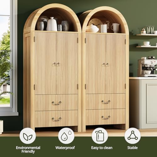 Image of FURSUN 71 inch Arched Storage Cabinet with Fluted Doors, Tall Wood Pantry Cabinet with Drawers & Adjustable Shelves, Modern Coffee Bar Cabinet, Natural Oak