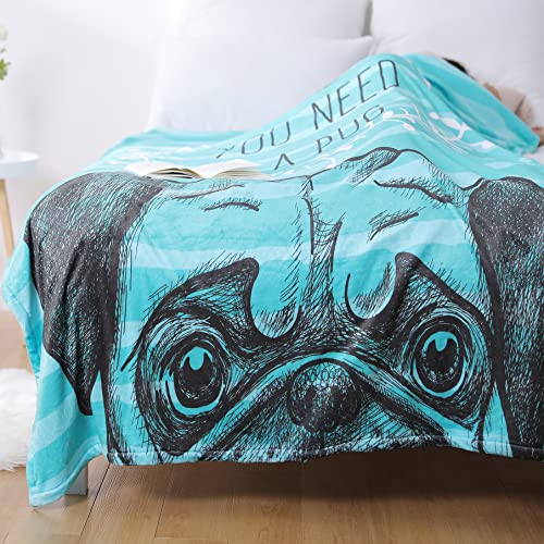 Famitile Love Pug Blanket, Cute Puppy Throw Blanket Twin Size Super Soft Pugs Stuffed Animal Blanket Gifts for Dog Lovers Women and Adults (Blue Pug, 60" x 80")