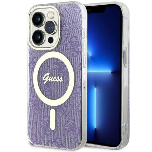 Coque iPhone 14 Pro Guess 4G violette avec anneau magnétique MagSafe intégré
