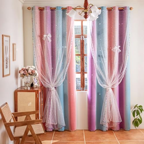 Image of 52x95 Mix & Match Double Layer Laser-Cut Stars Gradient Blackout Curtains with Foil Print Sheer, 2 Panels Set - Purple Blue Pink