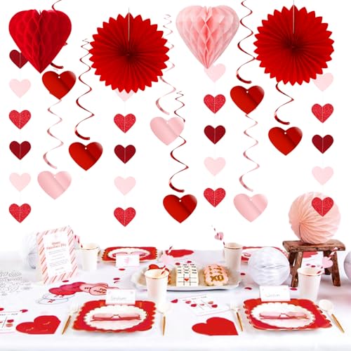 Image of Galentines Party-Decoration Valentines Heart Garland - 25pcs Red Rose-Gold Paper Streamers Honeycomb Fans XOXO BEMINE Banner, Anniversary Baby Shower Wedding Love Hanging Supplies Decor Hugfond