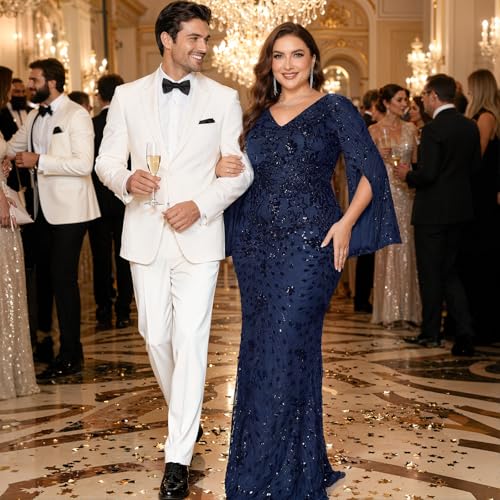 Image of Plus Size Formal Dresses for Women with Embroidery Sequin and Cape Sleeve, V-Neck Maxi Dress for Wedding and Party