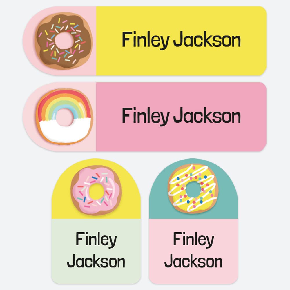 50 x No Iron Personalised Stick On Waterproof Washable Name Labels Great for Clothes, School Uniform, Equipment, Shoes. School, Nursery, Day Care, Hospital - Yummy Doughnuts