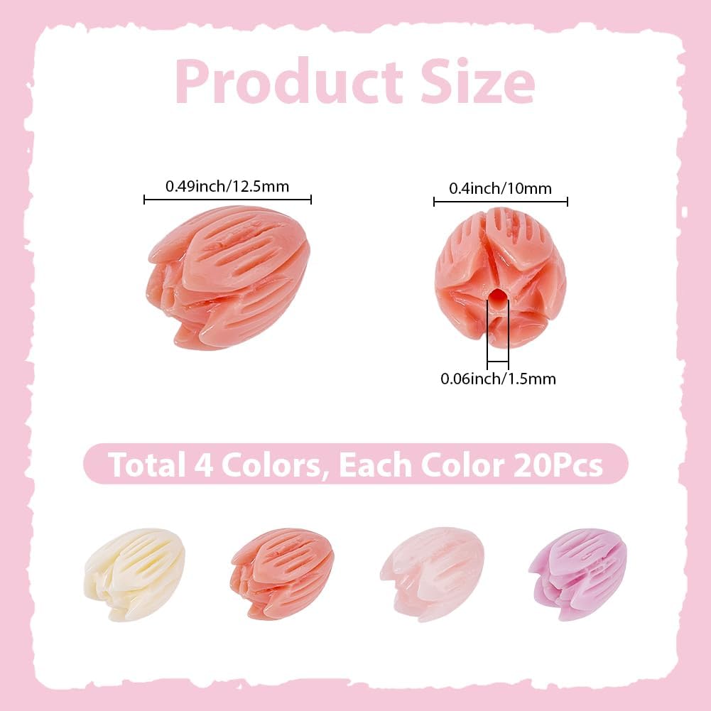 1 Box 4 Colors 80Pcs 13mm Large Acrylic Flower Beads Jasmine Flower Beads Pink Dyed Synthetic 3D Carved Coral Shell Loose Spacers for Jewelry Making Bracelet Necklace Earring Charms Decor