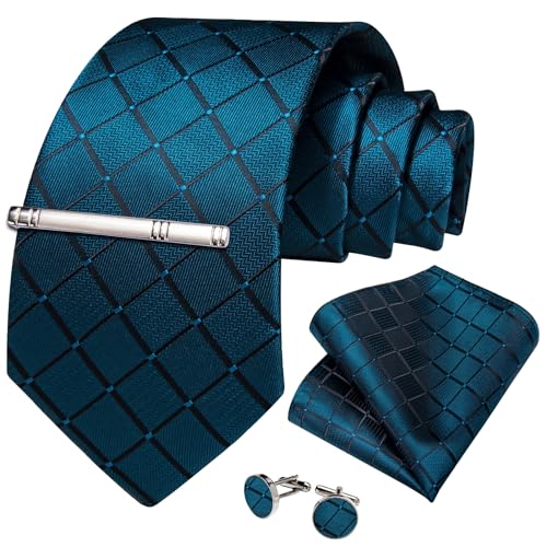 Image of DiBanGu Mens Silk Plaid Tie and Pocket Square Set | Elegant Silk Formal Tie Set, Woven Check Necktie and Cufflinks Tie Clip Set, Perfect for Wedding Party, Comes in Gift Box