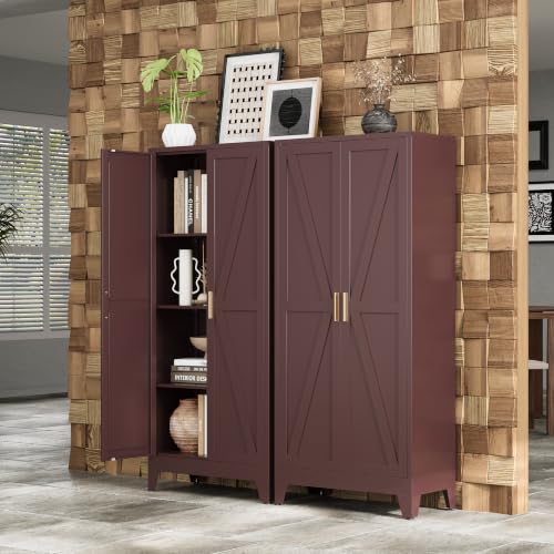 Image of Bevivog 61 inch Metal Storage Cabinet with 2 Doors and 3 Adjustable Shelves, Tall Bathroom Cabinet Freestanding, Farmhouse Metal Pantry Cabinets for Kitchen, Living Room, Home Office