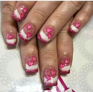 Valentines Nails Press on Nails Short Square Heart Fake Nails with Designs Pink White Glitter French Tip Glue on Nails Valentine's Day Acrylic Nails Cute False Nails for Women Manicure 24Pcs