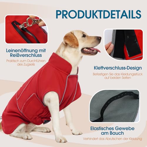 Katzinst Hundejacke Wasserdichter, Warmer Hundejacke für Große Hunde, Hundemantel Fleece, Winterjacke mit Reflektierender Streifen Französische Bulldogge Cheng Rot L