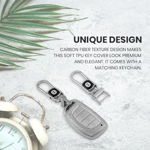 Image of keyzone Silverstar TPU Key Cover with Keychain for Hyundai Alcazar, Creta, 4 Button Smart Key (Silver)