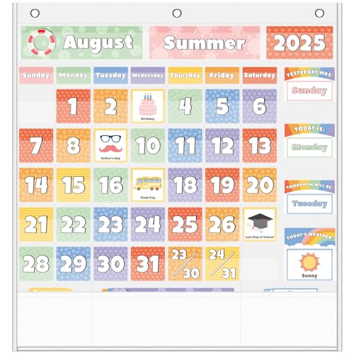 All-in-One Calendar Pocket Chart for Morning Meeting - Interactive Preschool Learning Board with Days, Dates, Months, Seasons & Weather Display (Bright Rainbow,Homeschool/Daycare)