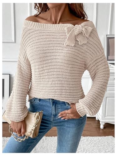Image of MakeMeChic Women's Bow Sweaters Off The Shoulder Long Sleeve Knitted Pullovers Top Apricot Small