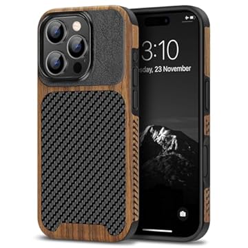 TENDLIN Capa de telefone compatível com iPhone 16 Pro grão de madeira com design de textura de fibra de carbono capa fina híbrida de couro (preto)