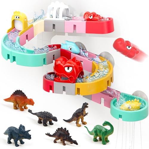 Bath Toys for Kids Ages 4-8, Bathtub Shower Toys DIY Water Slides Tracks Mold Free Toddler Bath Toys with 6 Dino Mini Toys, Wall Track Building Set, Fun DIY Kit Birthday Gift 1 2 3 4 5 Boys Girls